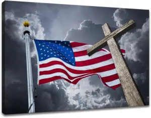 KLVOS Patriotic Canvas Wall Art American Flag and Holy Wooden Cross for Living Room Stretched and Print on Canvas Contemporary Art Modern Home Decoration Christmas Wall Decor 28"x40"