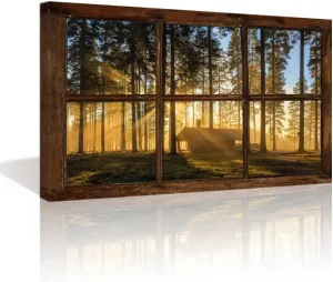 Kolo Wall Art Large Retro Vintage Fake Window Frame Sunshine Forest Painting Prints Framed and Stretched Picture Artwork for Living Room(Not Real Window Wooden Frame, Only Print on Canvas)