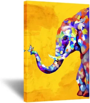 KREATIVE ARTS Original Design Large Contemporary Animal Colourful Elephant Play with Butterfly Painting on Canvas Print Wall Art Picture for Living Room Office Bedroom Wall Decor 24x36inch