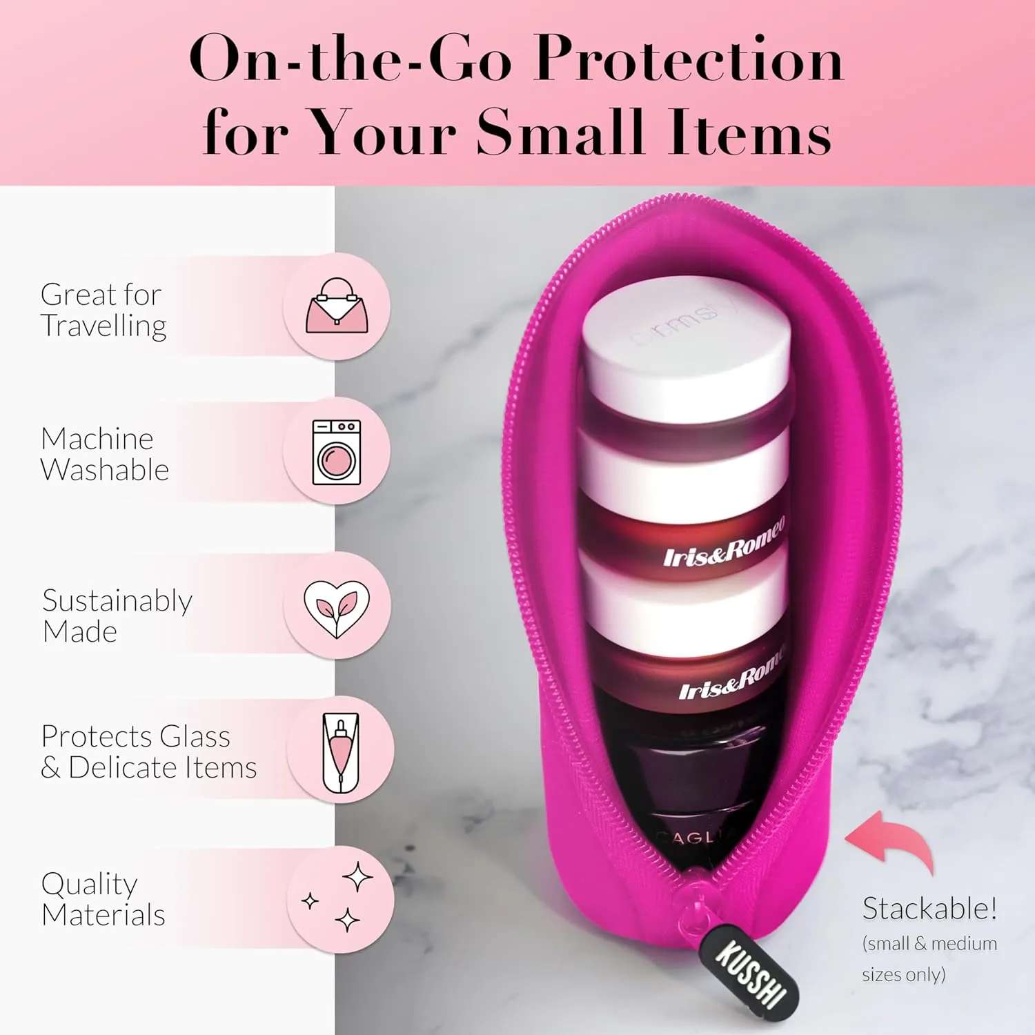 KUSSHI Neoprene Mini Makeup Pouch for Purse and Travel - Small Travel Pouch for Delicate Bottles and Beauty Items - For Foundations, Serums, Perfumes and More - Small Purse Pouch (Size L, Pink)