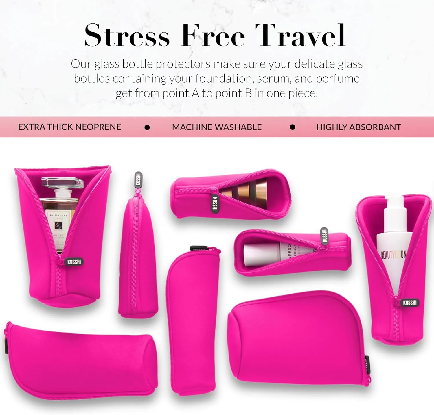 KUSSHI Neoprene Mini Makeup Pouch for Purse and Travel - Small Travel Pouch for Delicate Bottles and Beauty Items - For Foundations, Serums, Perfumes and More - Small Purse Pouch (Size L, Pink)