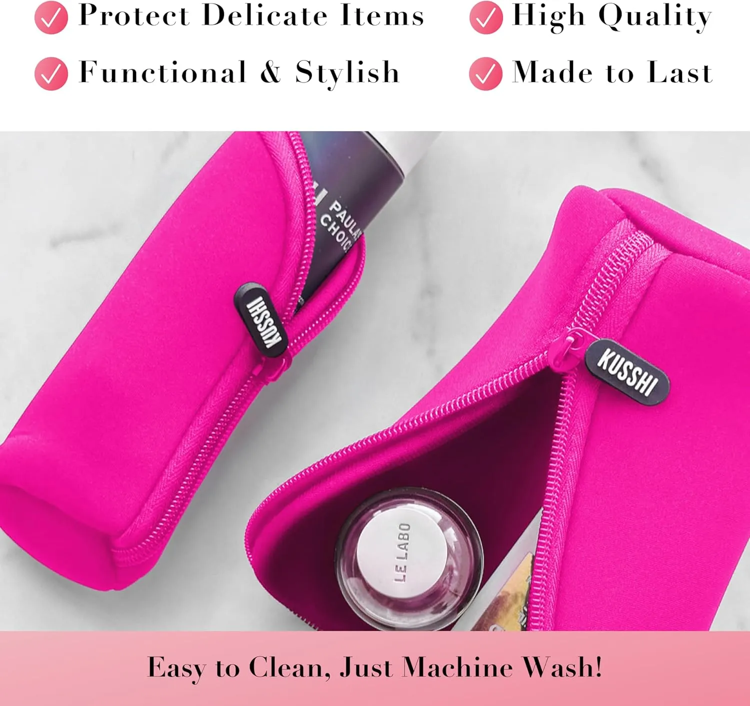KUSSHI Neoprene Mini Makeup Pouch for Purse and Travel - Small Travel Pouch for Delicate Bottles and Beauty Items - For Foundations, Serums, Perfumes and More - Small Purse Pouch (Size L, Pink)