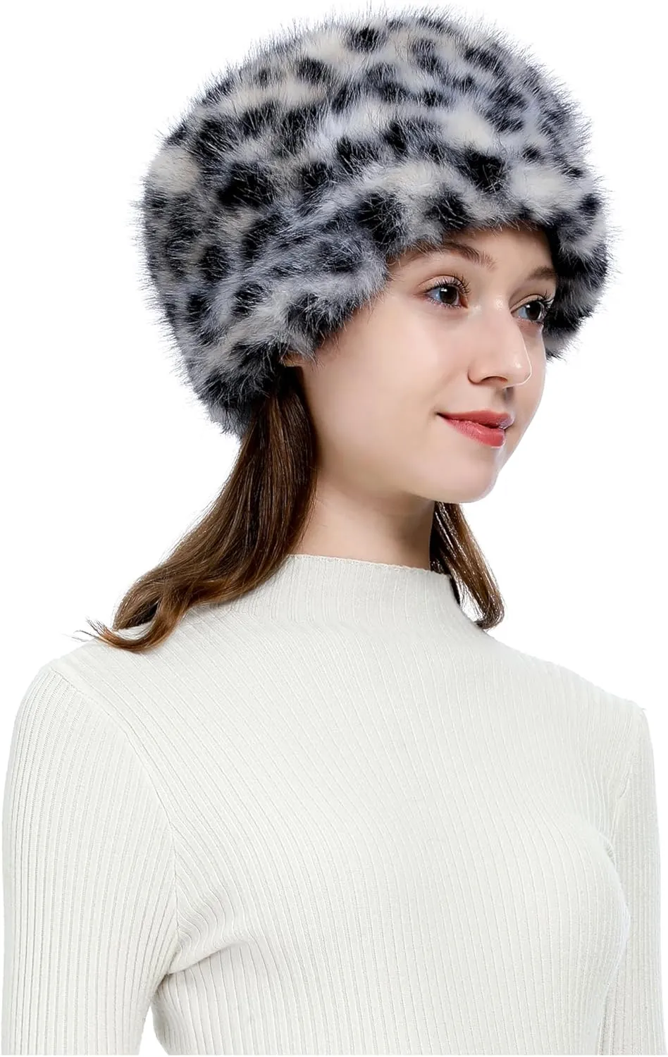 LA CARRIE Women's Faux Fur Hat for Winter with Stretch Cossack Russian Style White Warm Cap