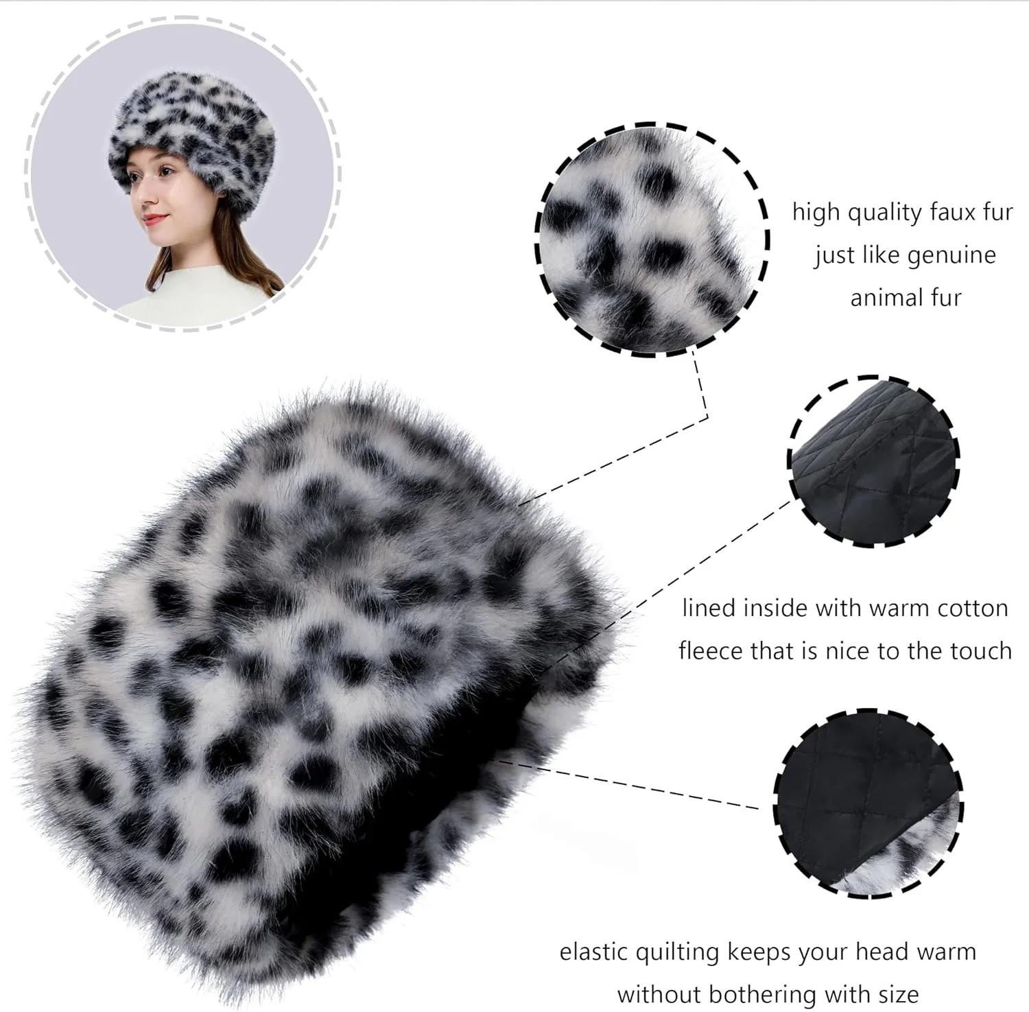 LA CARRIE Women's Faux Fur Hat for Winter with Stretch Cossack Russian Style White Warm Cap