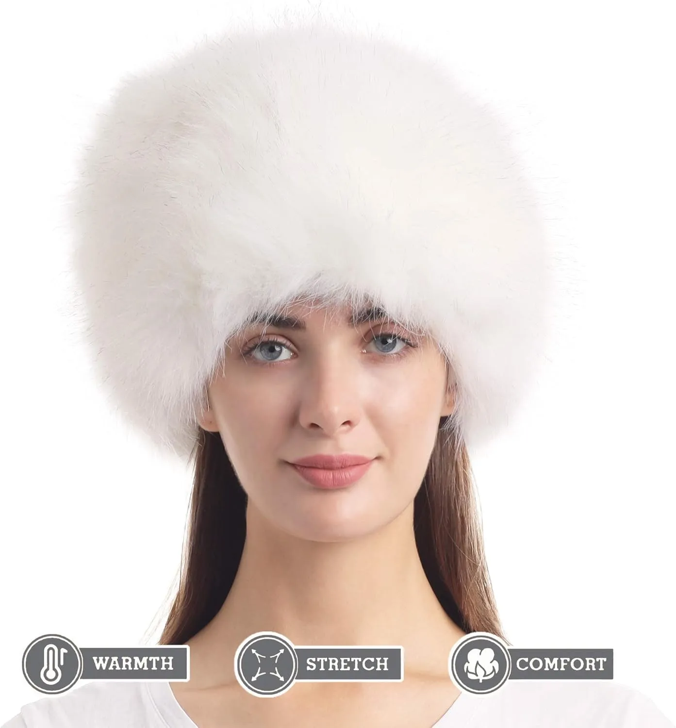 LA CARRIE Women's Faux Fur Hat for Winter with Stretch Cossack Russian Style White Warm Cap