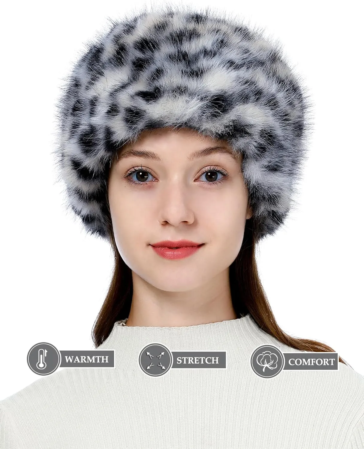 LA CARRIE Women's Faux Fur Hat for Winter with Stretch Cossack Russian Style White Warm Cap