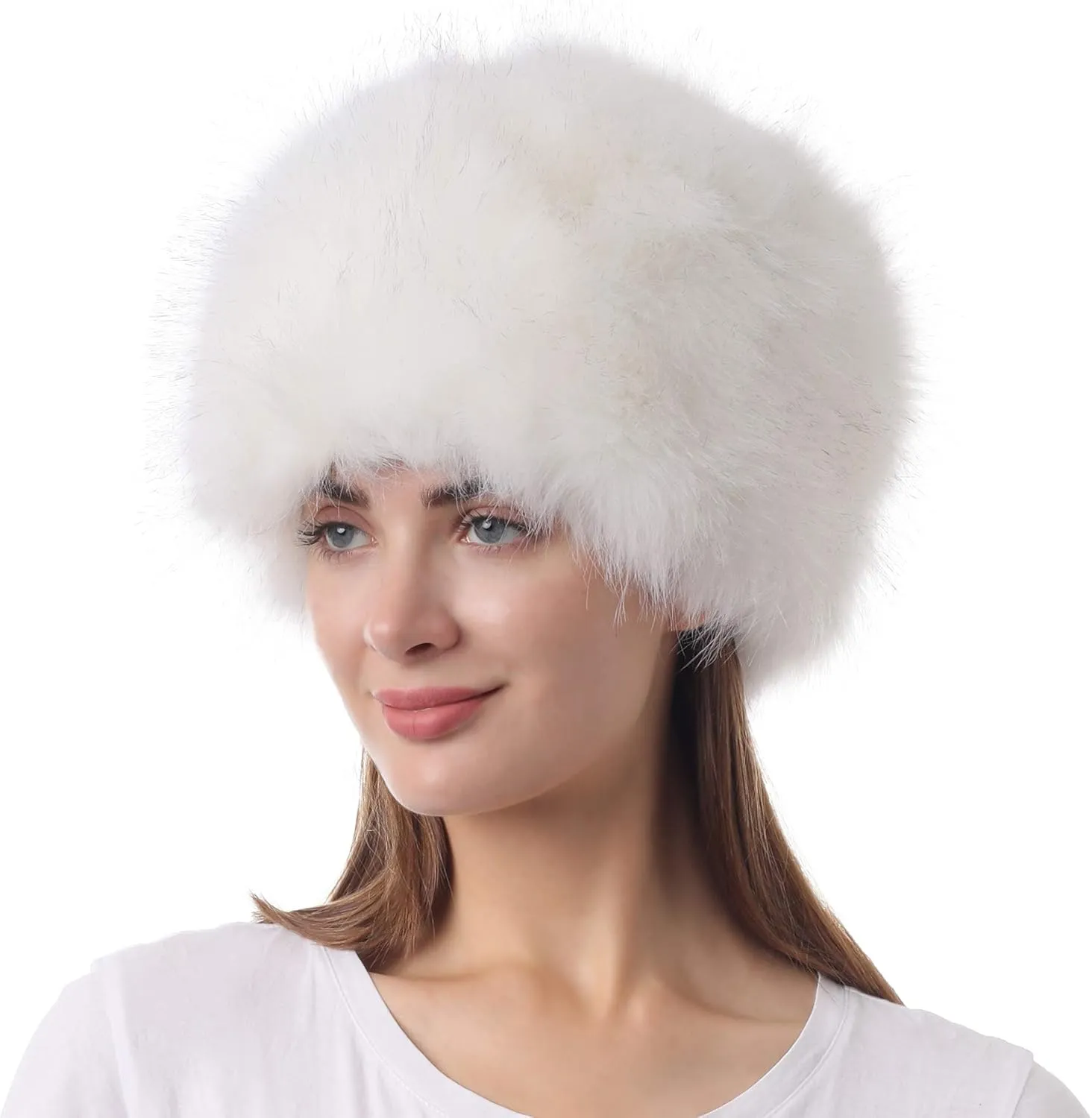 LA CARRIE Women's Faux Fur Hat for Winter with Stretch Cossack Russian Style White Warm Cap
