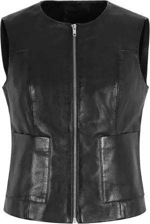 LADIES SLIM Waistcoat Black Real Leather CASUAL SUMMER SOFT VEST GILLET 8048