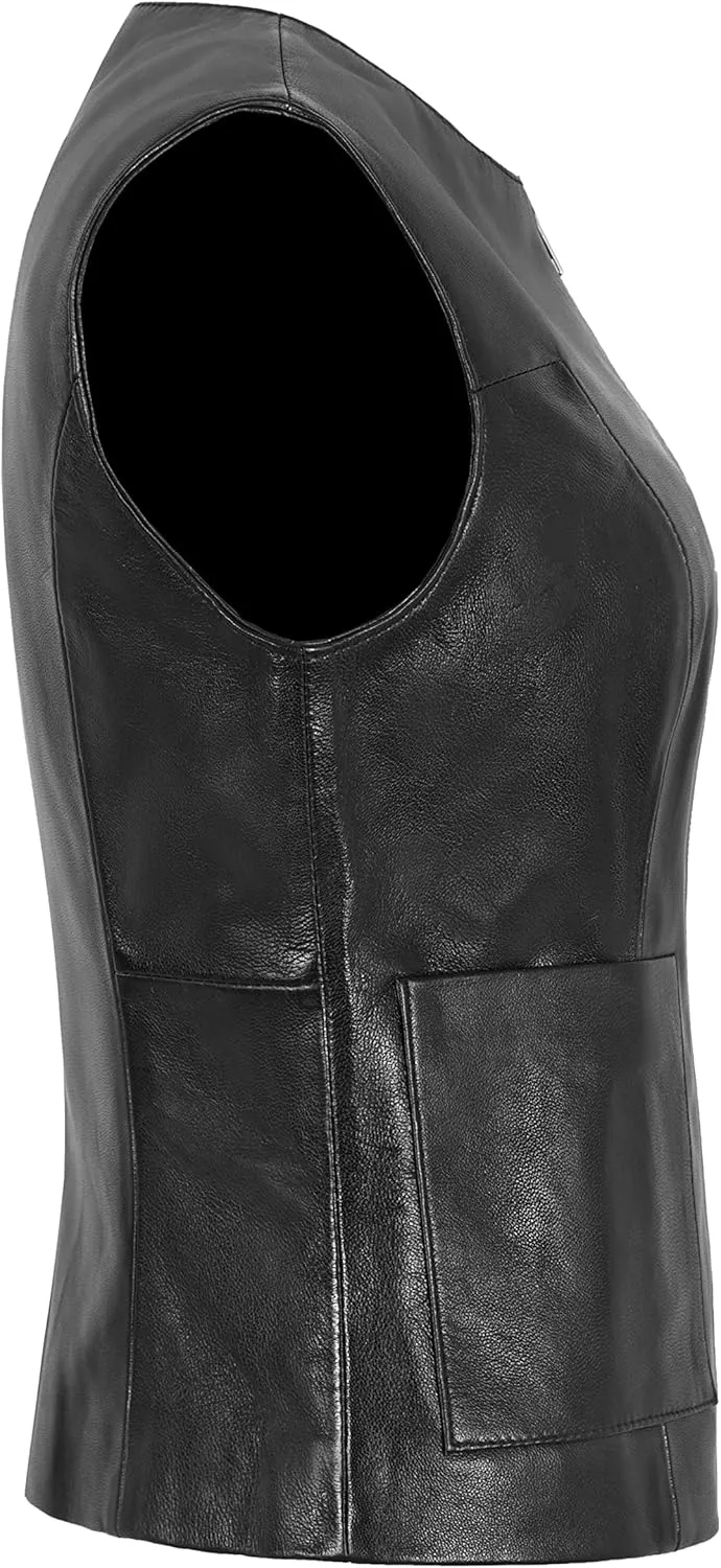 LADIES SLIM Waistcoat Black Real Leather CASUAL SUMMER SOFT VEST GILLET 8048