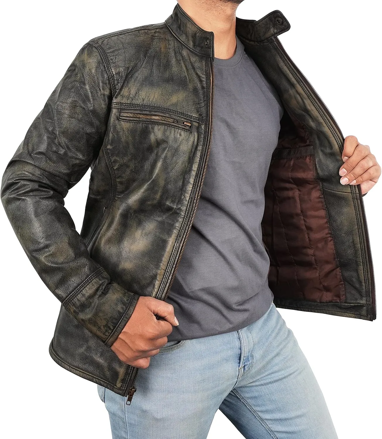 Lambskin Leather Jacket for Men - Vintage Distressed Brown Biker Coat