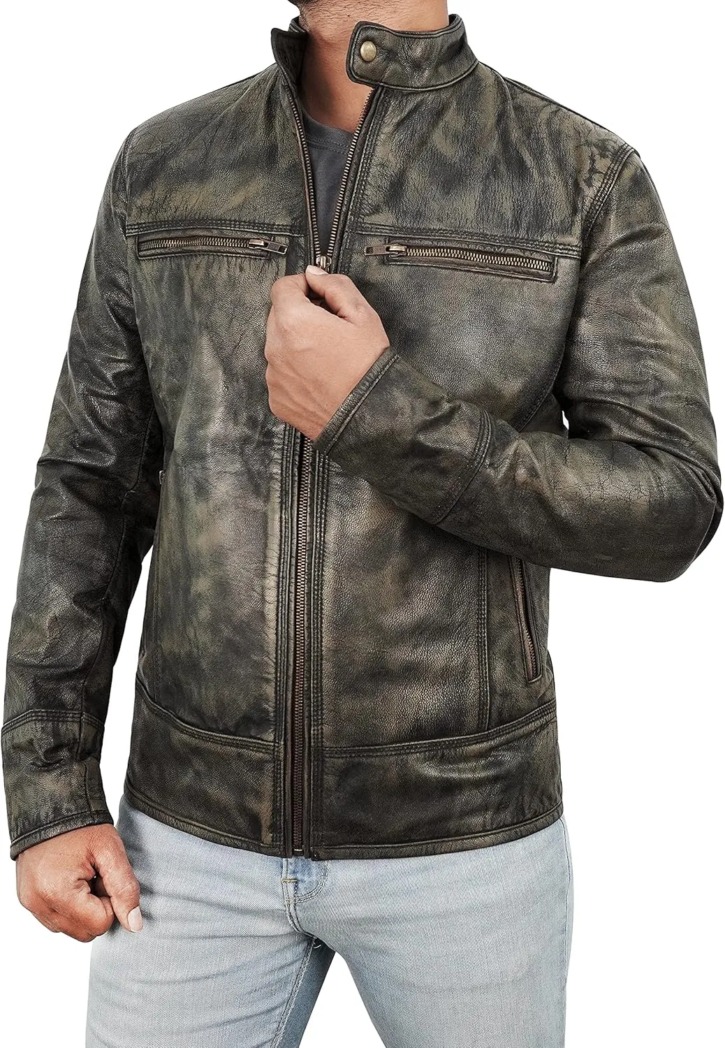 Lambskin Leather Jacket for Men - Vintage Distressed Brown Biker Coat