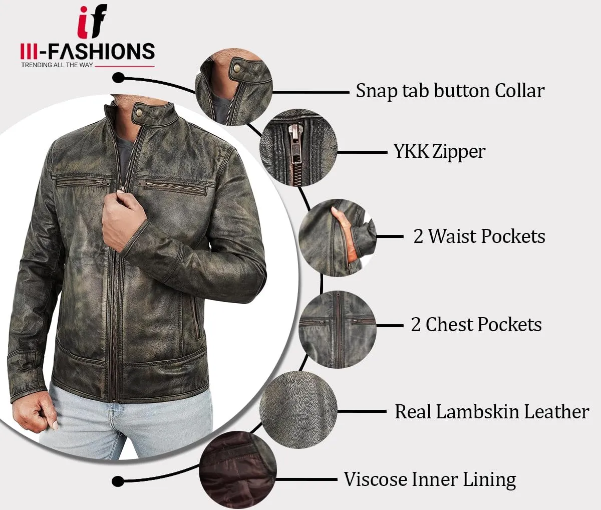 Lambskin Leather Jacket for Men - Vintage Distressed Brown Biker Coat