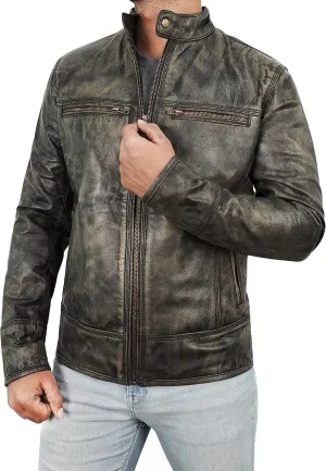 Lambskin Leather Jacket for Men - Vintage Distressed Brown Biker Coat