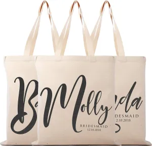 Lara Laser Works Set of 3 - Bridesmaid Proposal Gifts - Personalized Tote Bag for Women - Custom Cosmetic Bag for Girls w/Name - Wedding Bridal Party, Monogrammed Cosmetic Pouch - Natural Cotton