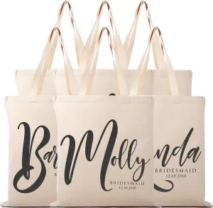 Lara Laser Works Set of 6 - Bridesmaid Proposal Gifts - Personalized Tote Bag for Women - Custom Cosmetic Bag for Girls w/Name - Wedding Bridal Party, Monogrammed Cosmetic Pouch - Natural Cotton