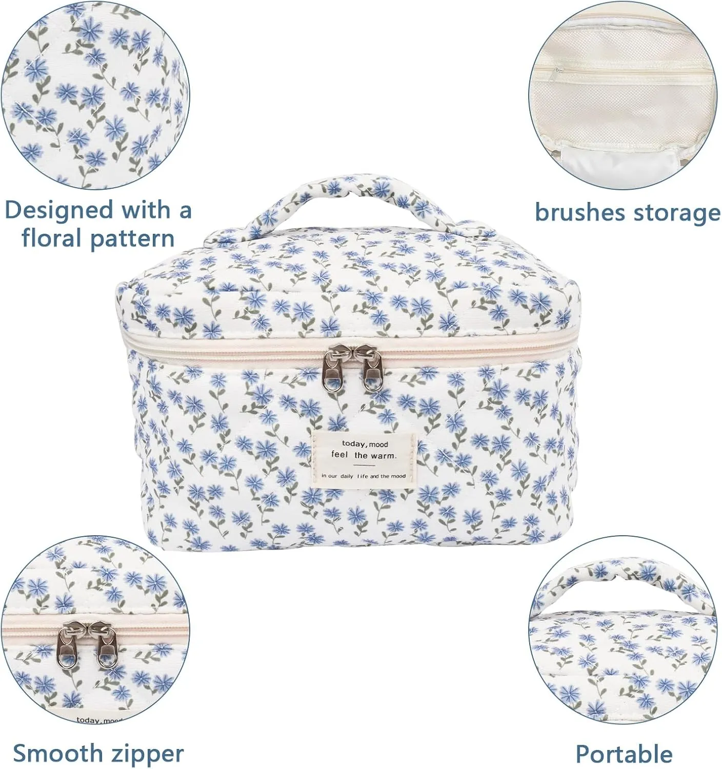 Large Makeup Bag, Cute Cosmetic Bag for Women Girls, Floral Coquette Aesthetic Toiletry Bag, Travel Make Up Organizer Bag (Blue Peacock Flower)