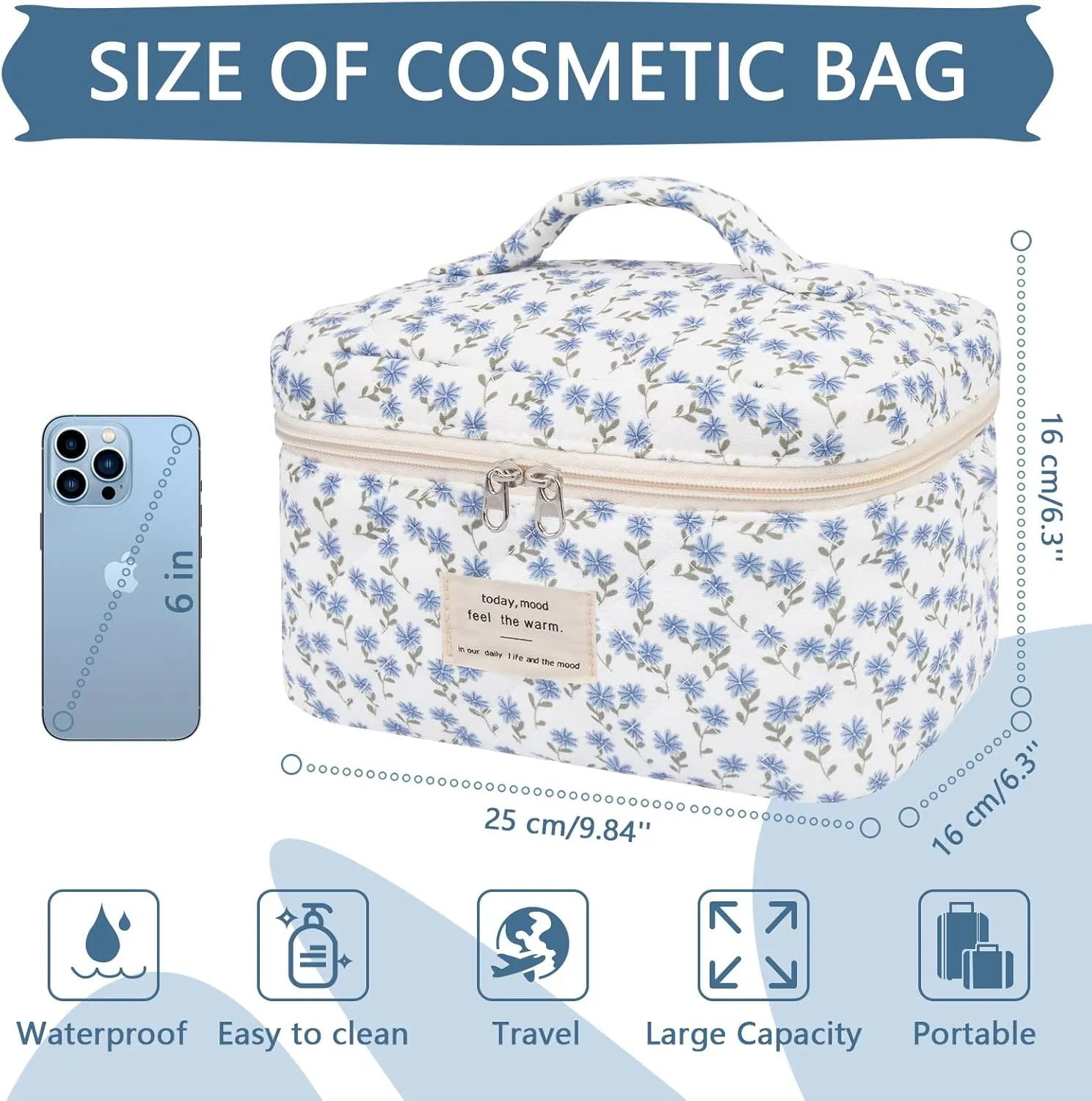 Large Makeup Bag, Cute Cosmetic Bag for Women Girls, Floral Coquette Aesthetic Toiletry Bag, Travel Make Up Organizer Bag (Blue Peacock Flower)