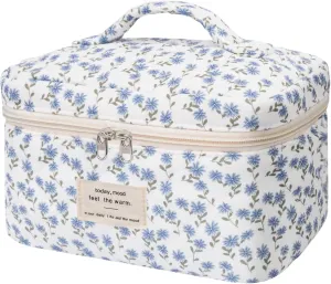 Large Makeup Bag, Cute Cosmetic Bag for Women Girls, Floral Coquette Aesthetic Toiletry Bag, Travel Make Up Organizer Bag (Blue Peacock Flower)
