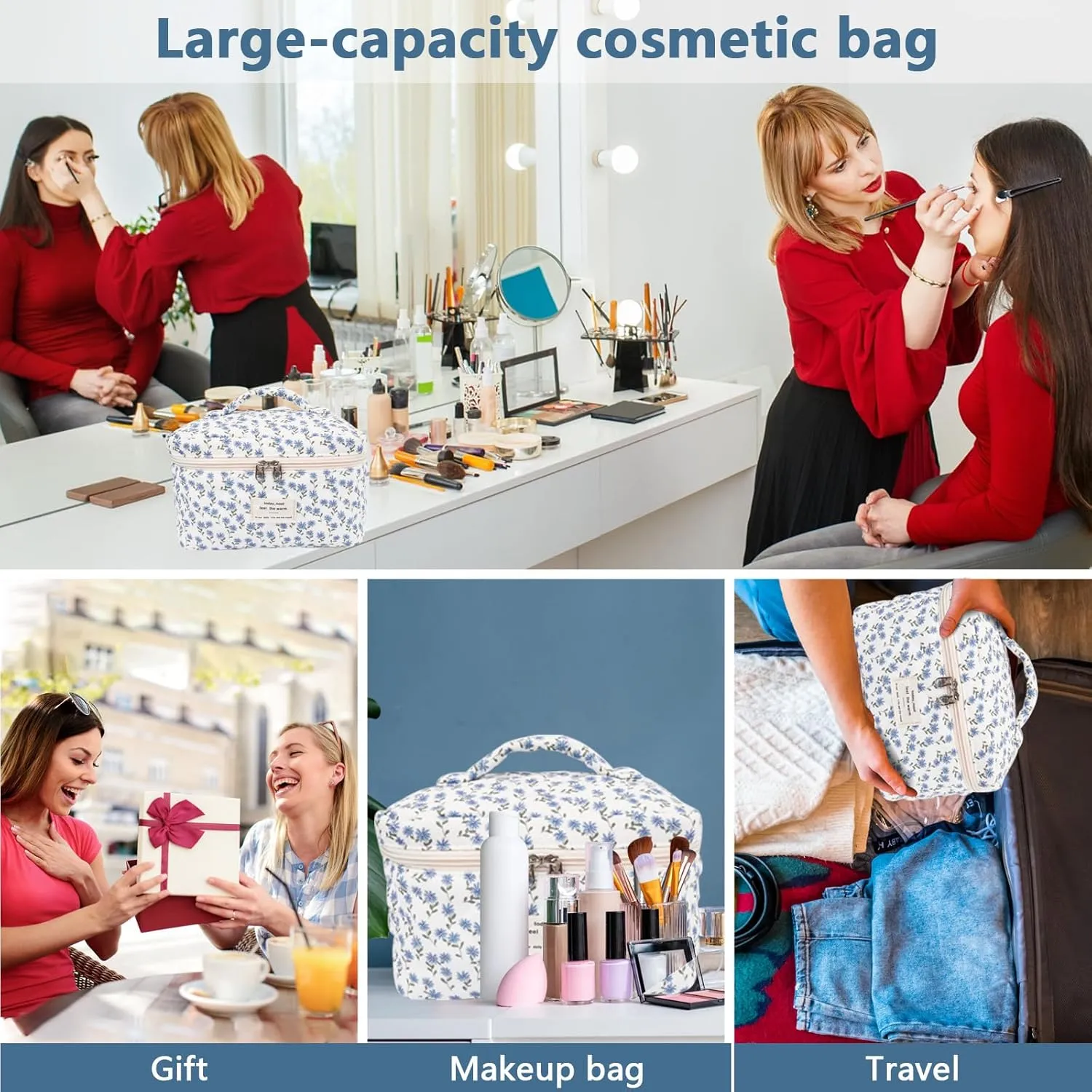 Large Makeup Bag, Cute Cosmetic Bag for Women Girls, Floral Coquette Aesthetic Toiletry Bag, Travel Make Up Organizer Bag (Blue Peacock Flower)