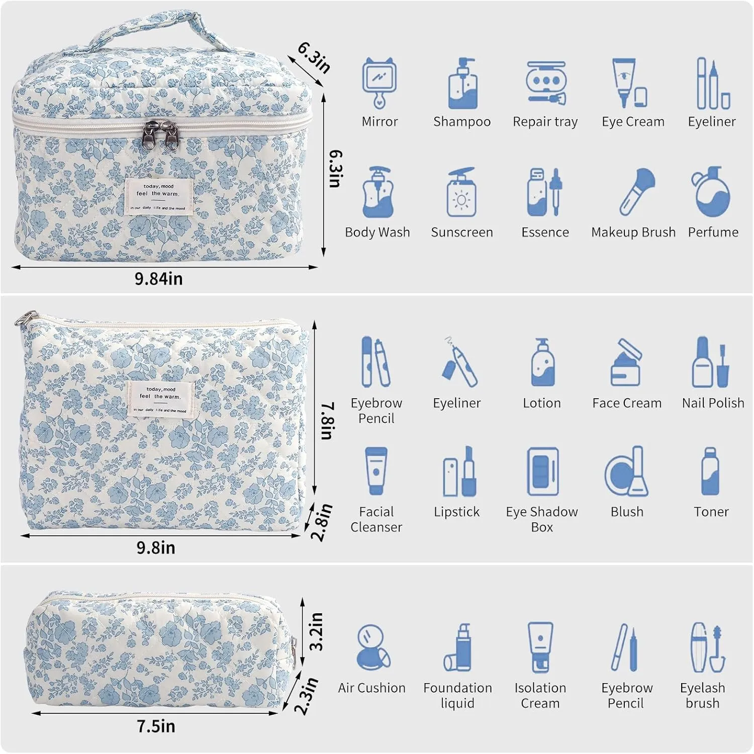 Large Quilted Makeup Bag for Women and Girls, Cute Coquette Floral Cotton Cosmetic Bag, Aesthetic Travel Organized Toiletry Bags (03-blue flower)
