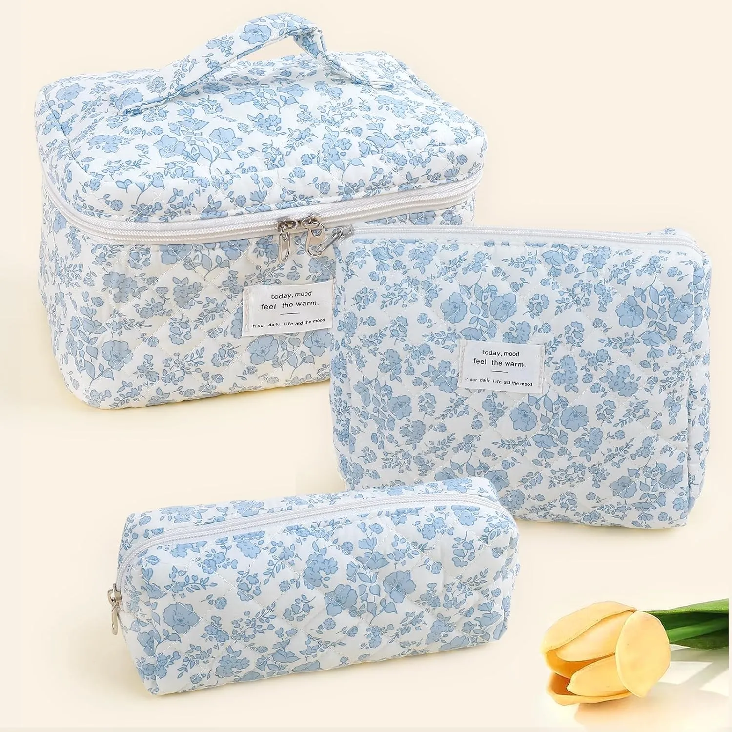 Large Quilted Makeup Bag for Women and Girls, Cute Coquette Floral Cotton Cosmetic Bag, Aesthetic Travel Organized Toiletry Bags (03-blue flower)