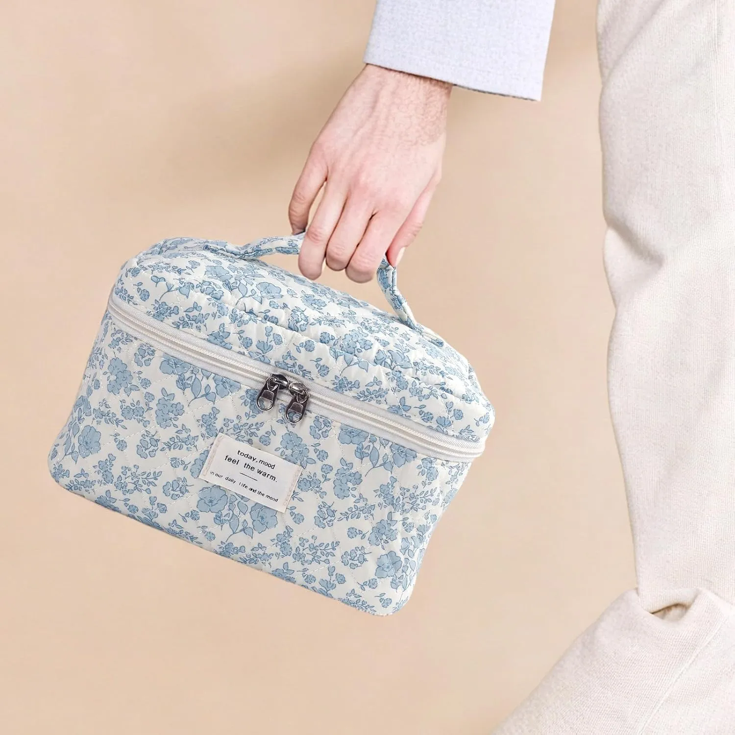 Large Quilted Makeup Bag for Women and Girls, Cute Coquette Floral Cotton Cosmetic Bag, Aesthetic Travel Organized Toiletry Bags (03-blue flower)