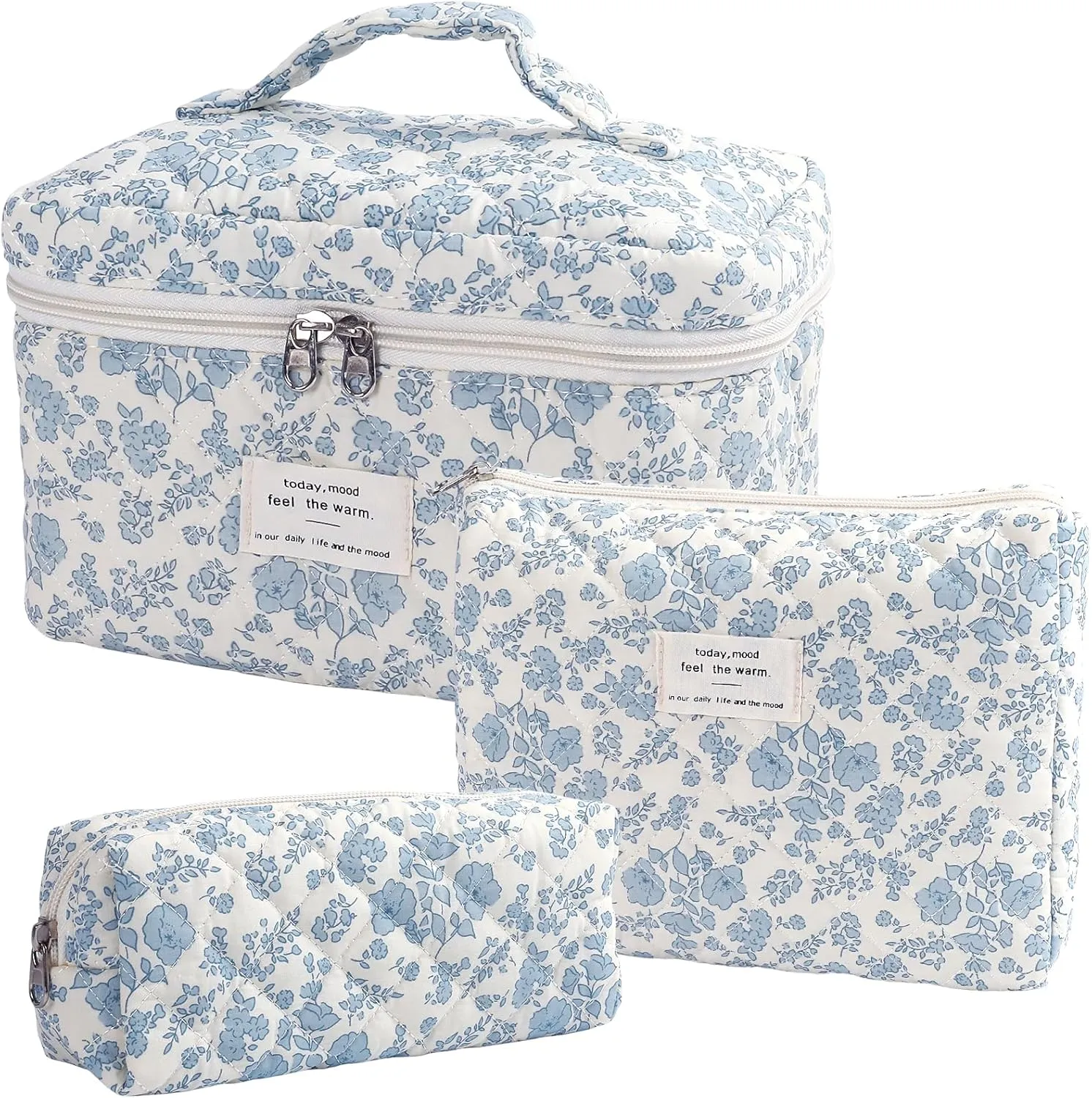 Large Quilted Makeup Bag for Women and Girls, Cute Coquette Floral Cotton Cosmetic Bag, Aesthetic Travel Organized Toiletry Bags (03-blue flower)