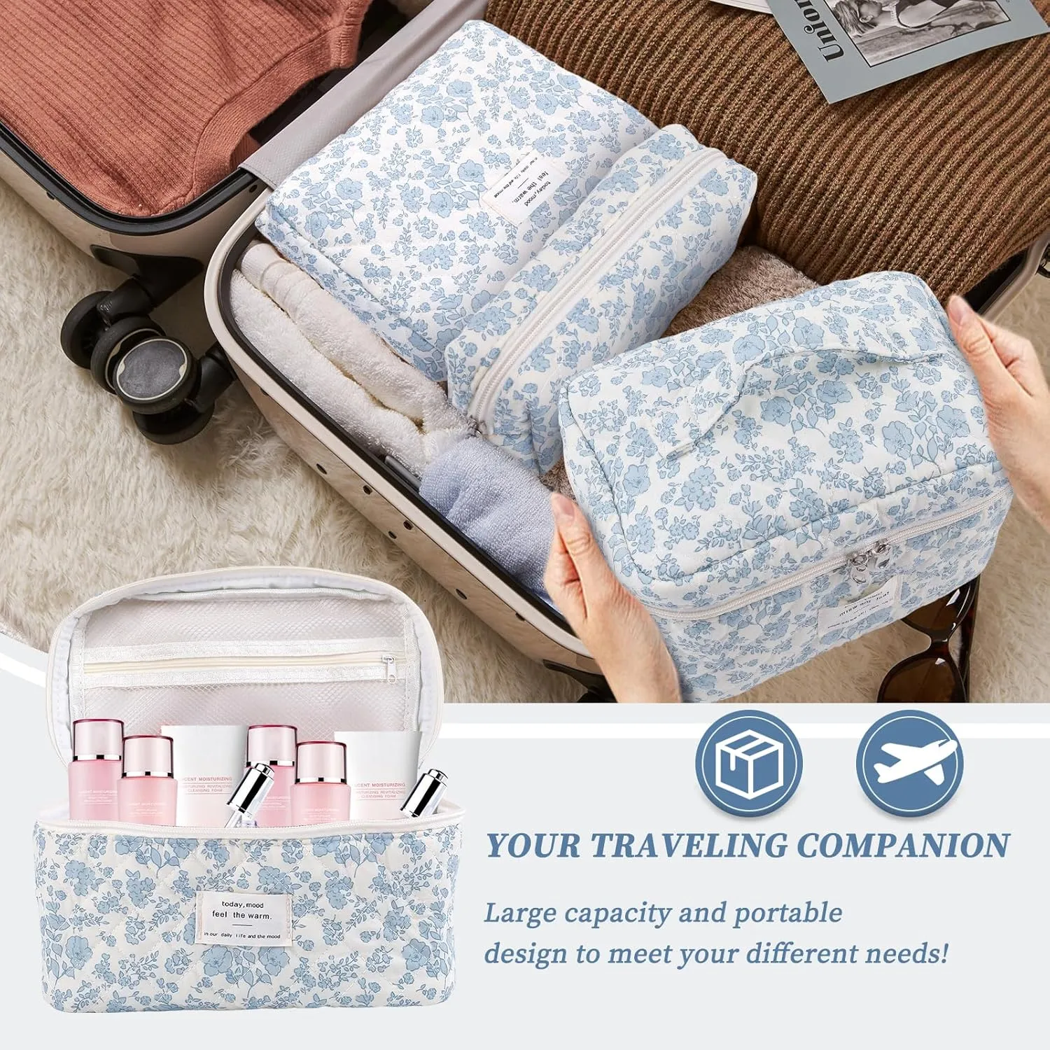 Large Quilted Makeup Bag for Women and Girls, Cute Coquette Floral Cotton Cosmetic Bag, Aesthetic Travel Organized Toiletry Bags (03-blue flower)