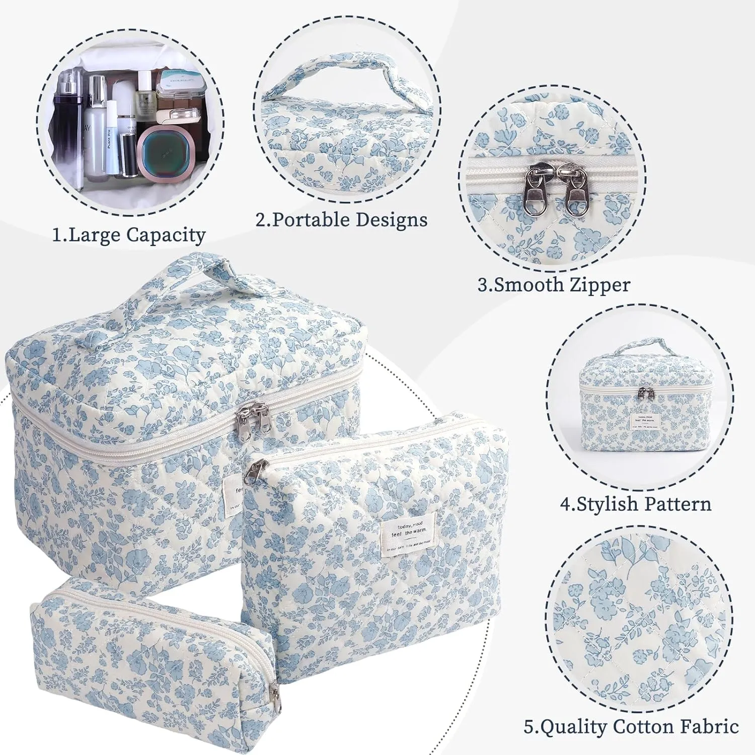 Large Quilted Makeup Bag for Women and Girls, Cute Coquette Floral Cotton Cosmetic Bag, Aesthetic Travel Organized Toiletry Bags (03-blue flower)