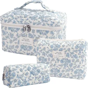 Large Quilted Makeup Bag for Women and Girls, Cute Coquette Floral Cotton Cosmetic Bag, Aesthetic Travel Organized Toiletry Bags (03-blue flower)
