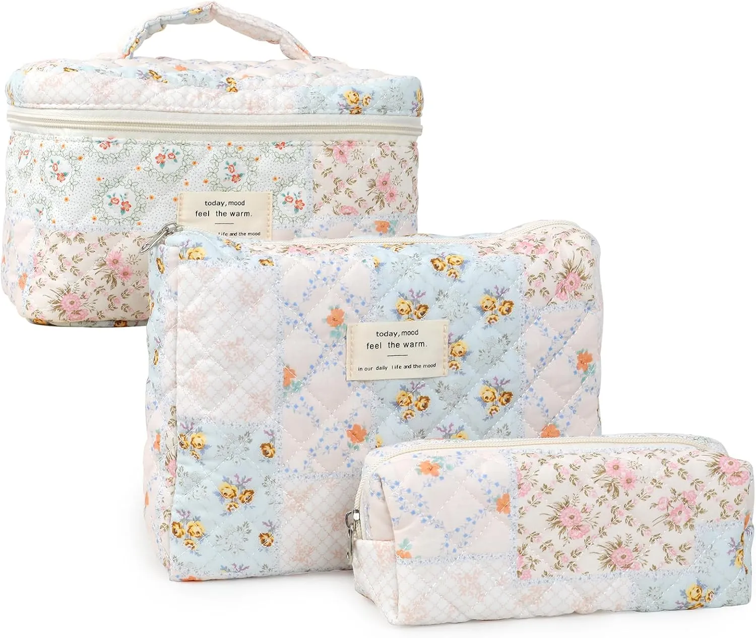 Large Quilted Makeup Bag for Women and Girls, Cute Coquette Floral Cotton Cosmetic Bag, Aesthetic Travel Organized Toiletry Bags (04-pink blue flower)