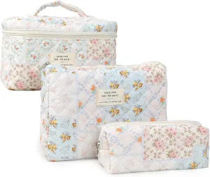 Large Quilted Makeup Bag for Women and Girls, Cute Coquette Floral Cotton Cosmetic Bag, Aesthetic Travel Organized Toiletry Bags (04-pink blue flower)
