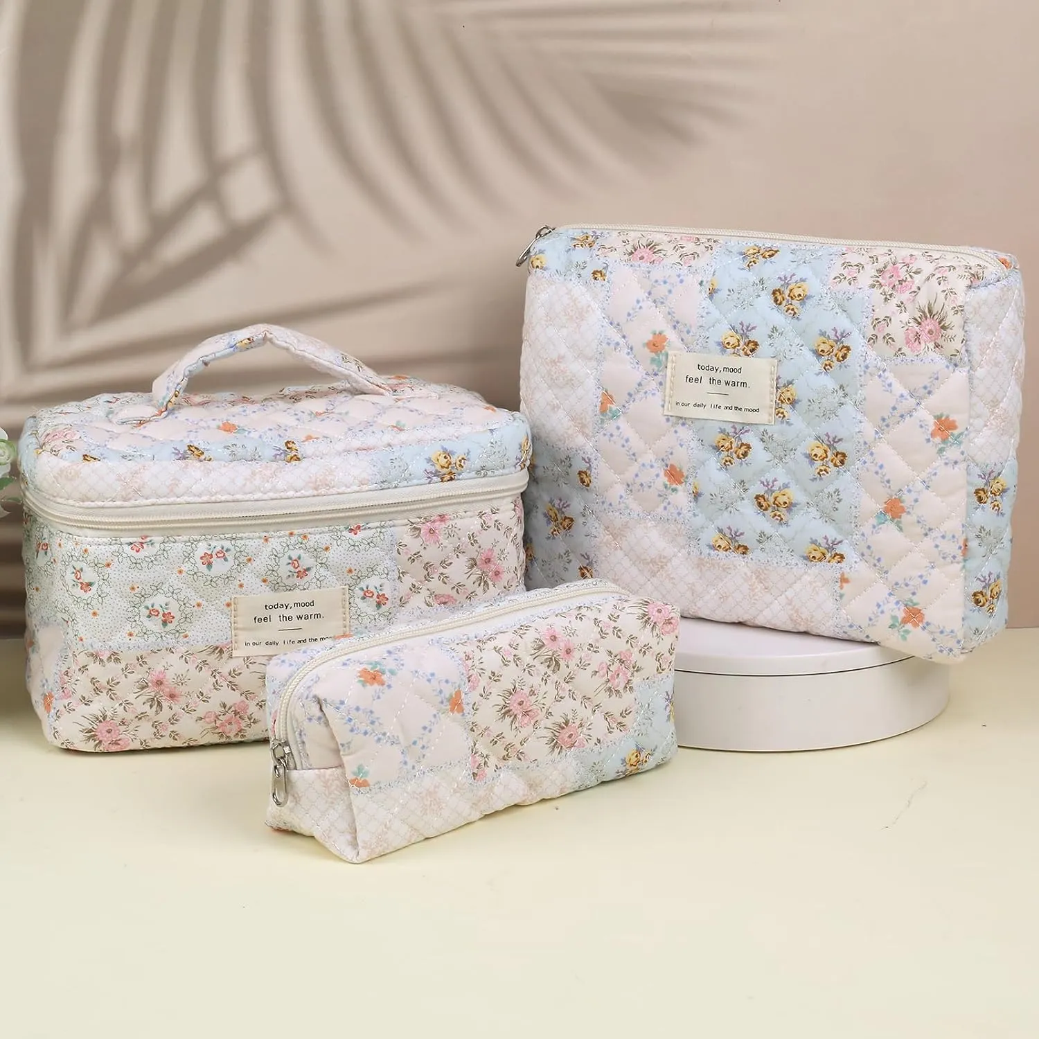 Large Quilted Makeup Bag for Women and Girls, Cute Coquette Floral Cotton Cosmetic Bag, Aesthetic Travel Organized Toiletry Bags (04-pink blue flower)