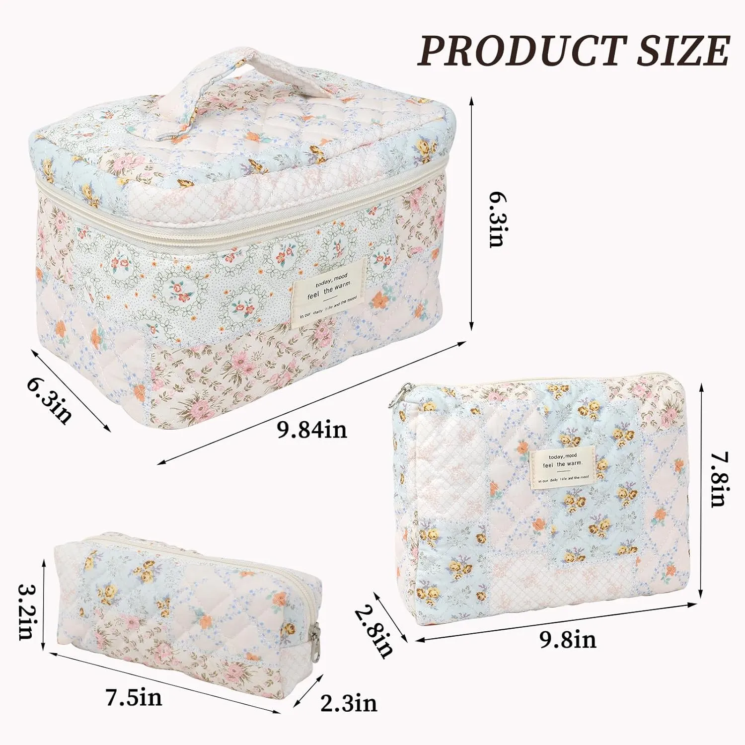 Large Quilted Makeup Bag for Women and Girls, Cute Coquette Floral Cotton Cosmetic Bag, Aesthetic Travel Organized Toiletry Bags (04-pink blue flower)