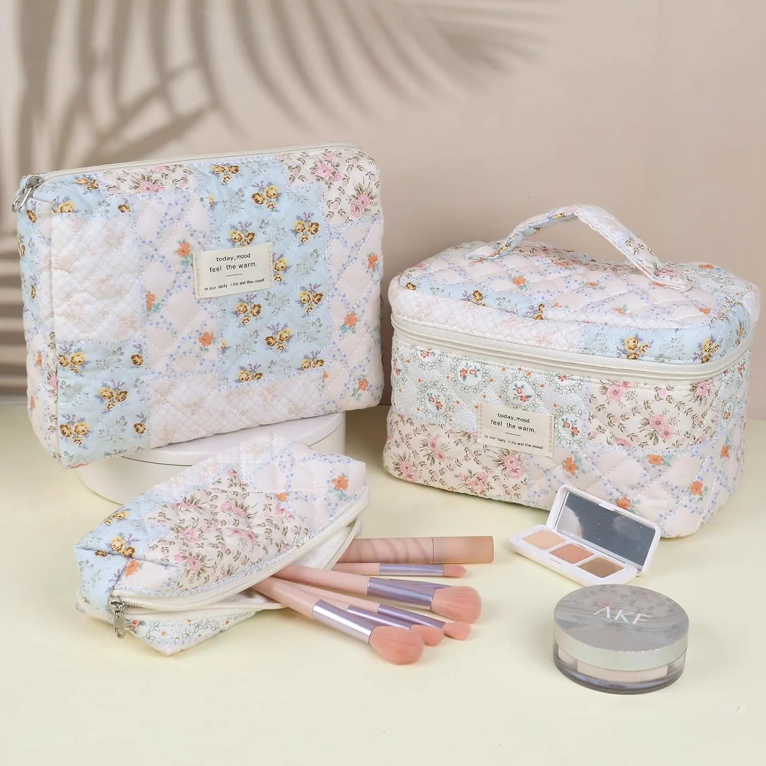 Large Quilted Makeup Bag for Women and Girls, Cute Coquette Floral Cotton Cosmetic Bag, Aesthetic Travel Organized Toiletry Bags (04-pink blue flower)