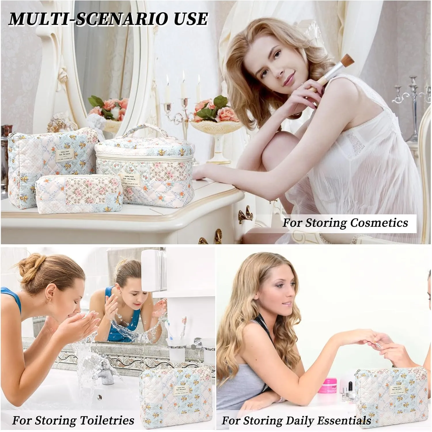 Large Quilted Makeup Bag for Women and Girls, Cute Coquette Floral Cotton Cosmetic Bag, Aesthetic Travel Organized Toiletry Bags (04-pink blue flower)