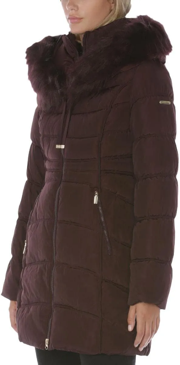 Laundry by Shelli Segal Women's 3/4 Hooded Puffer with Faux Fur Trim