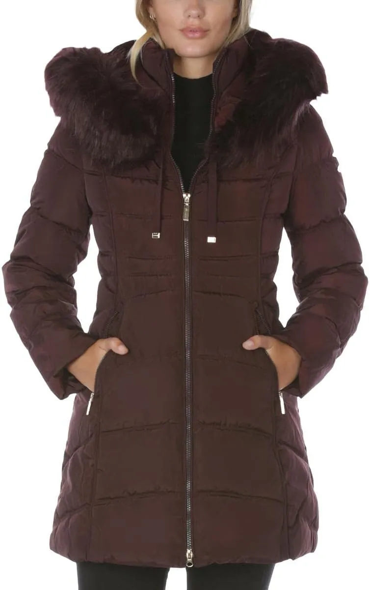 Laundry by Shelli Segal Women's 3/4 Hooded Puffer with Faux Fur Trim