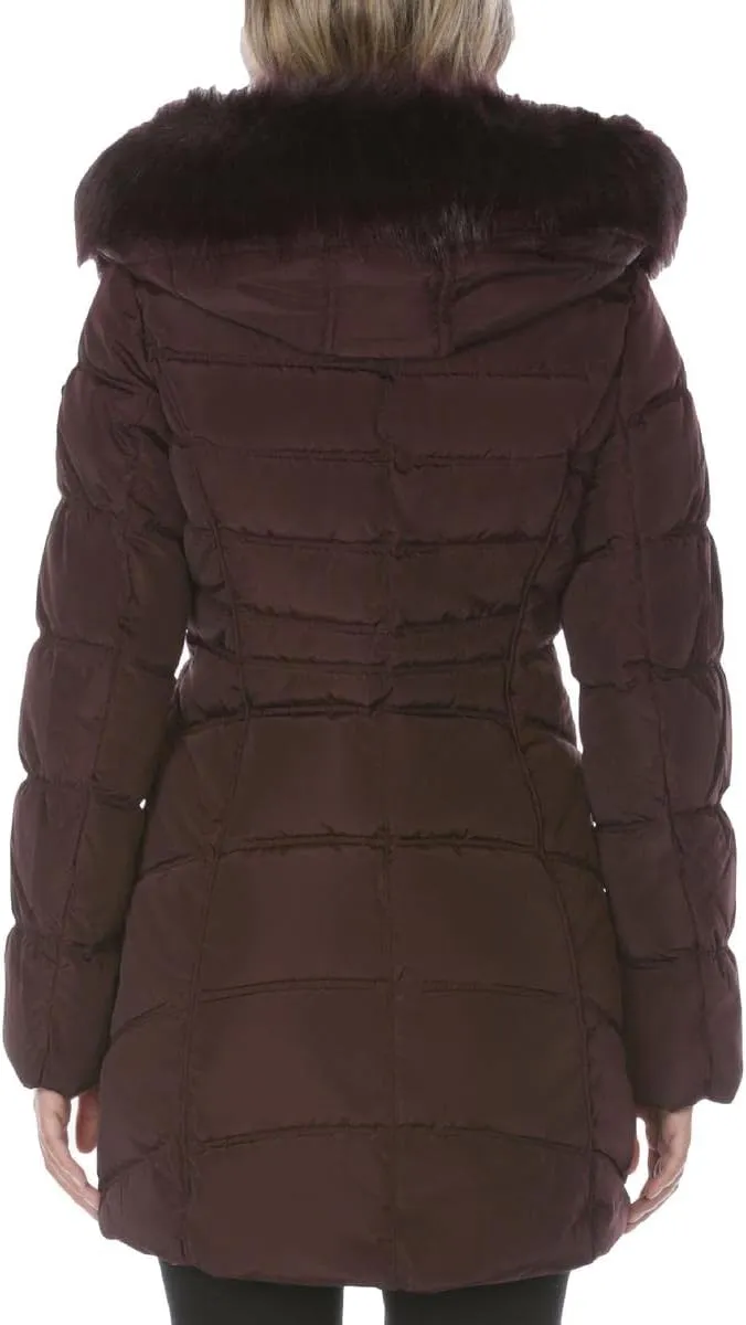 Laundry by Shelli Segal Women's 3/4 Hooded Puffer with Faux Fur Trim