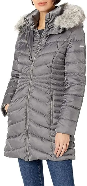 Laundry by Shelli Segal Women's 3/4 Puffer Jacket with Detachable Faux Fur Strip and Bib
