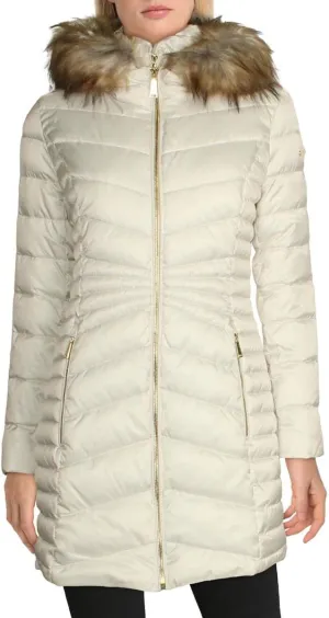 Laundry by Shelli Segal Women's 3/4 Puffer Jacket with Detachable Faux Fur Strip and Bib