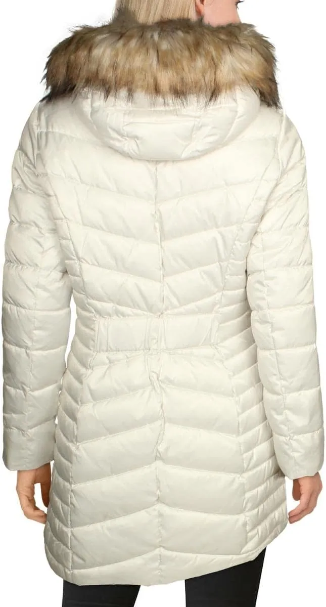 Laundry by Shelli Segal Women's 3/4 Puffer Jacket with Detachable Faux Fur Strip and Bib
