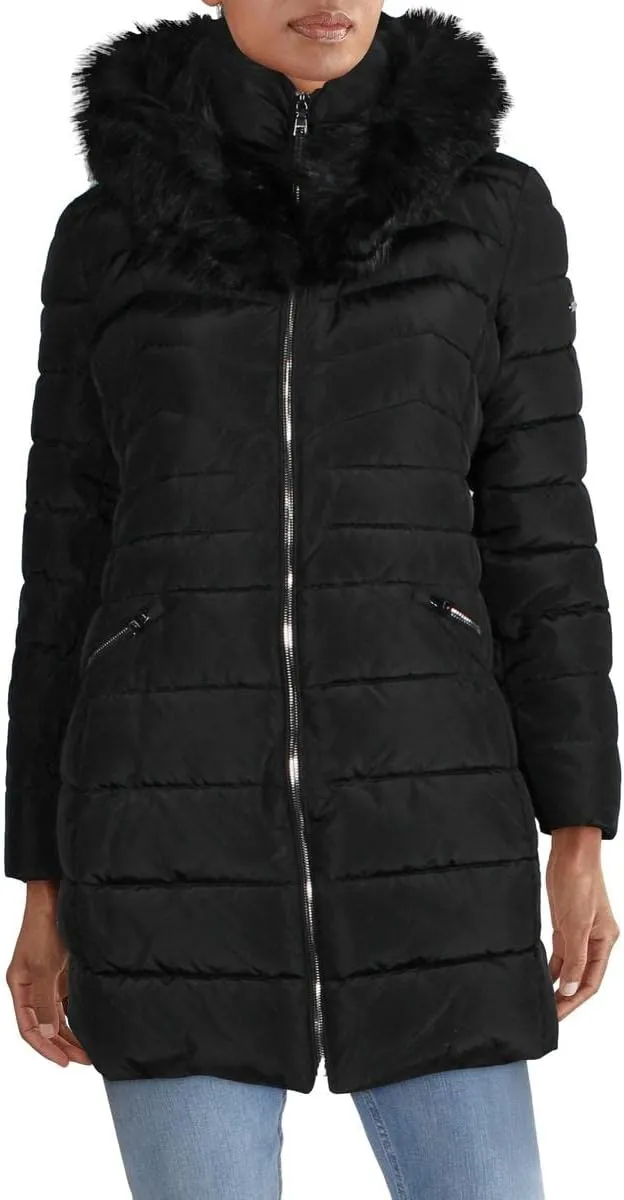 Laundry by Shelli Segal Women's Puffer Jacket with Detachable Faux Fur Hood and Large Collar