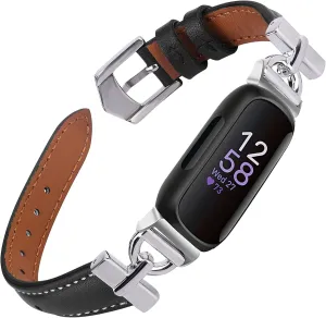 Leather Bands Compatible with Fitbit Inspire 3 Bands, Replacement D-Shaped Watch Straps Soft Wristband for Fitbit Inspire 3 Fitness Tracker Women&Men (Black/Silver)
