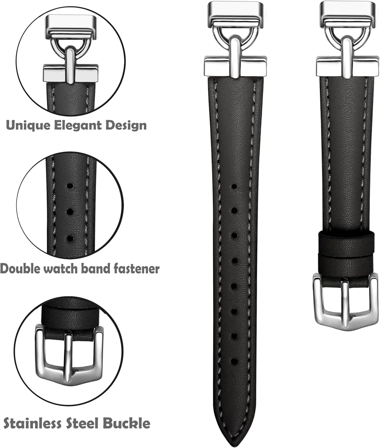 Leather Bands Compatible with Fitbit Inspire 3 Bands, Replacement D-Shaped Watch Straps Soft Wristband for Fitbit Inspire 3 Fitness Tracker Women&Men (Black/Silver)