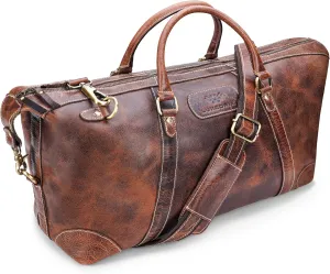 Leather Duffle Bags for Travelling Men and Women, TSA Approved Airplane Underseat Carry On Weekender Bags, 20 Inch Handmade Leather Travel Duffel Bags for Gym & Sports, Retro-Brown