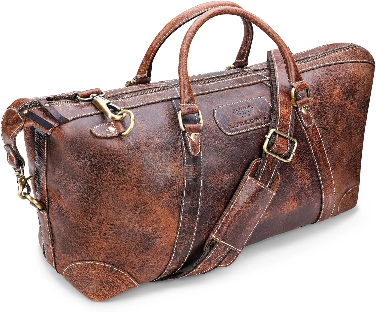 Leather Duffle Bags for Travelling Men and Women, TSA Approved Airplane Underseat Carry On Weekender Bags, 20 Inch Handmade Leather Travel Duffel Bags for Gym & Sports, Retro-Brown