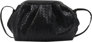 Leather Woven Dumpling Bag for Women Black Leather Crossbody Purse Cloud Shoulder bag Handbag Ruched Bucket Bag