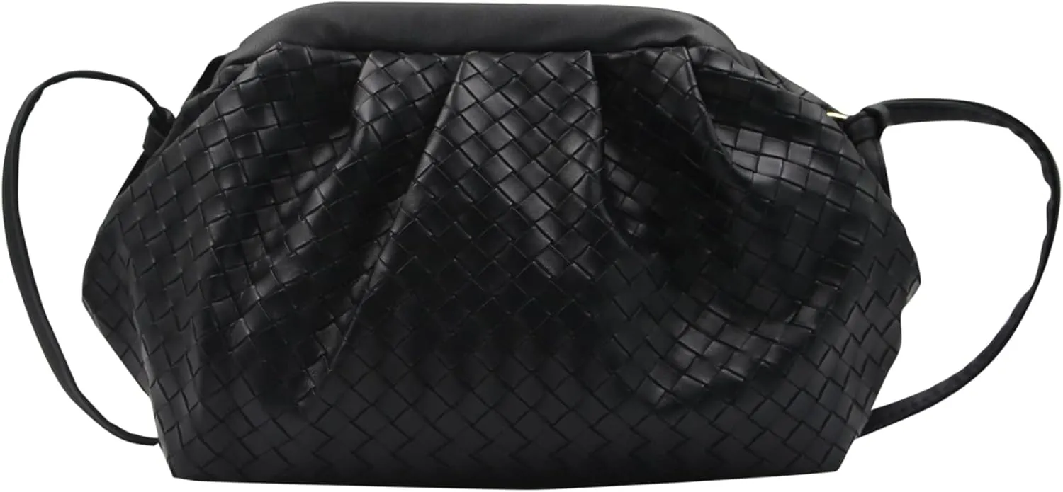 Leather Woven Dumpling Bag for Women Black Leather Crossbody Purse Cloud Shoulder bag Handbag Ruched Bucket Bag