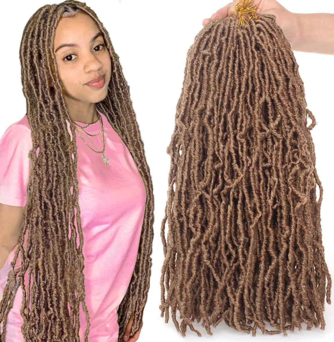 Leeven 18 Inch Synthetic Pre-looped Soft Locs Crochet Braids Hair 7 Packs Extend 27# Blonde Soft Faux Locs Crochet Braiding Hair for Women Curly Wavy Goddess Locs Crochet Hair Extensions